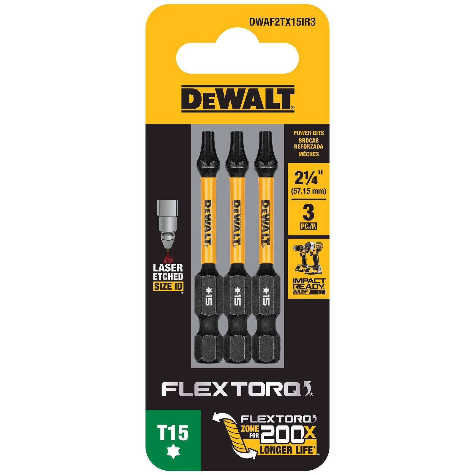 DeWALT FLEXTORQ 57mm TX15 Torx Impact Screwdriver Bits 3 Pack