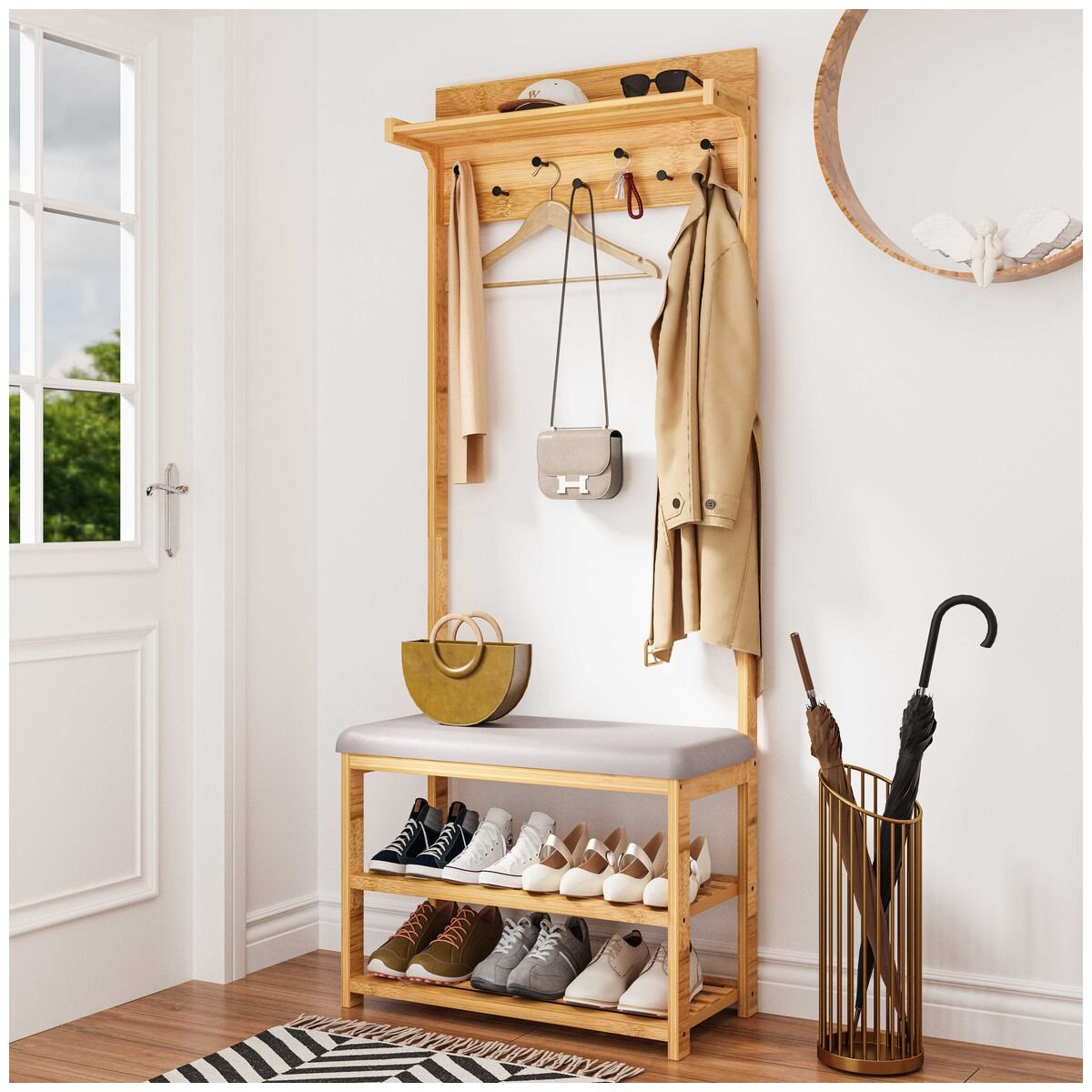 L.T. Williams Bamboo Hall Stand - Grey PU Bench Seat - Coat Rack and Shoe Storage - 9922