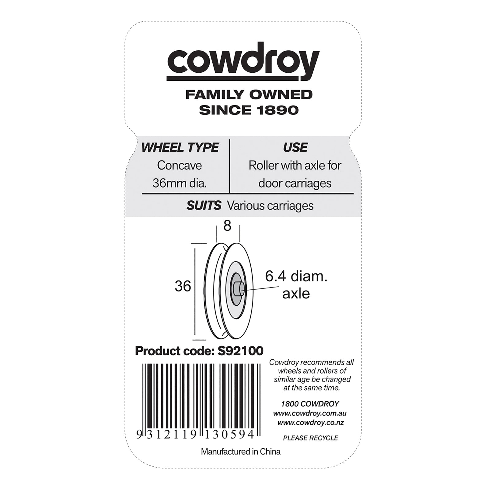 Cowdroy 36mm Delrin Sliding Track Door Wheel - 25kg Steel Bearing Roller