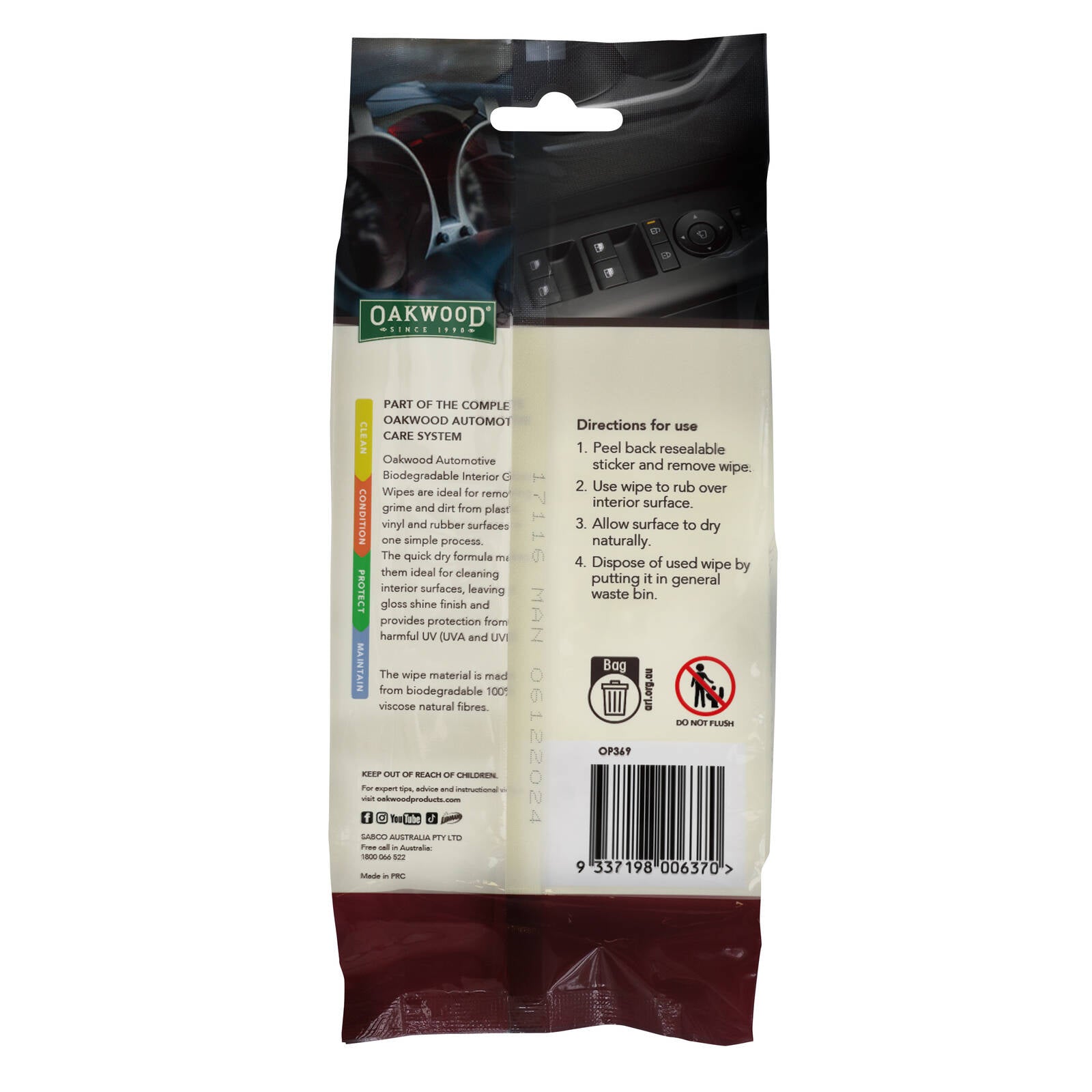 Oakwood 200 x 150mm Biodegradable Interior Gloss Wipe - 40 Pack