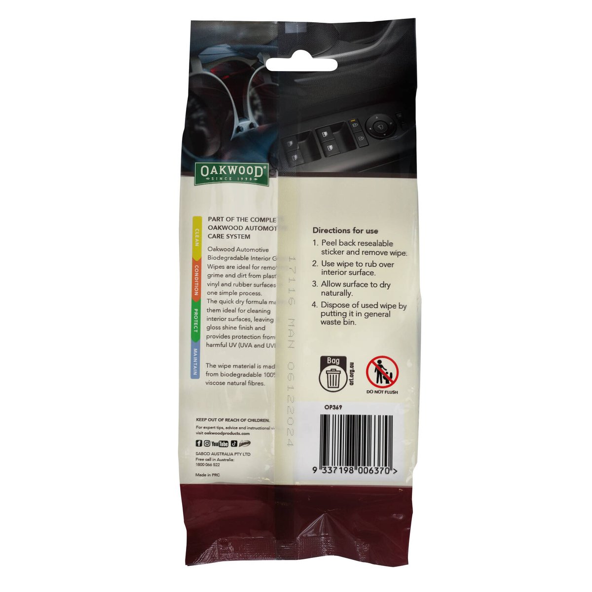 Oakwood Biodegradable Interior Gloss Wipe 40 Pack - 200 x 150mm - Quick-Drying - SuperSaverAU - view 2