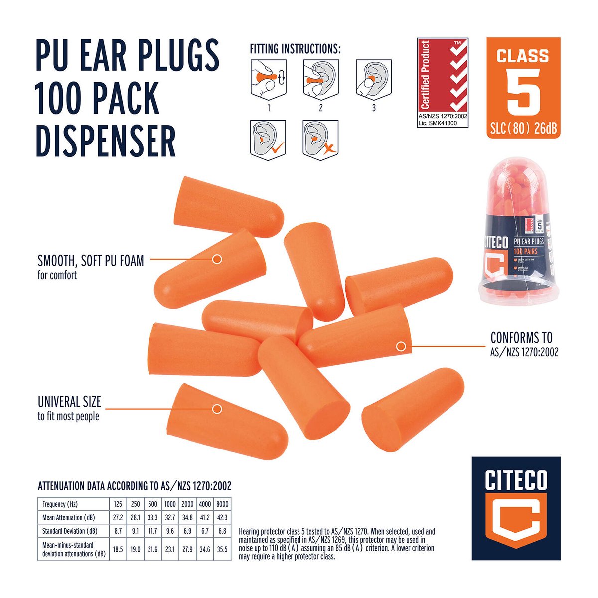 Citeco Class 5 Ear Plugs - 100 Pack Dispenser