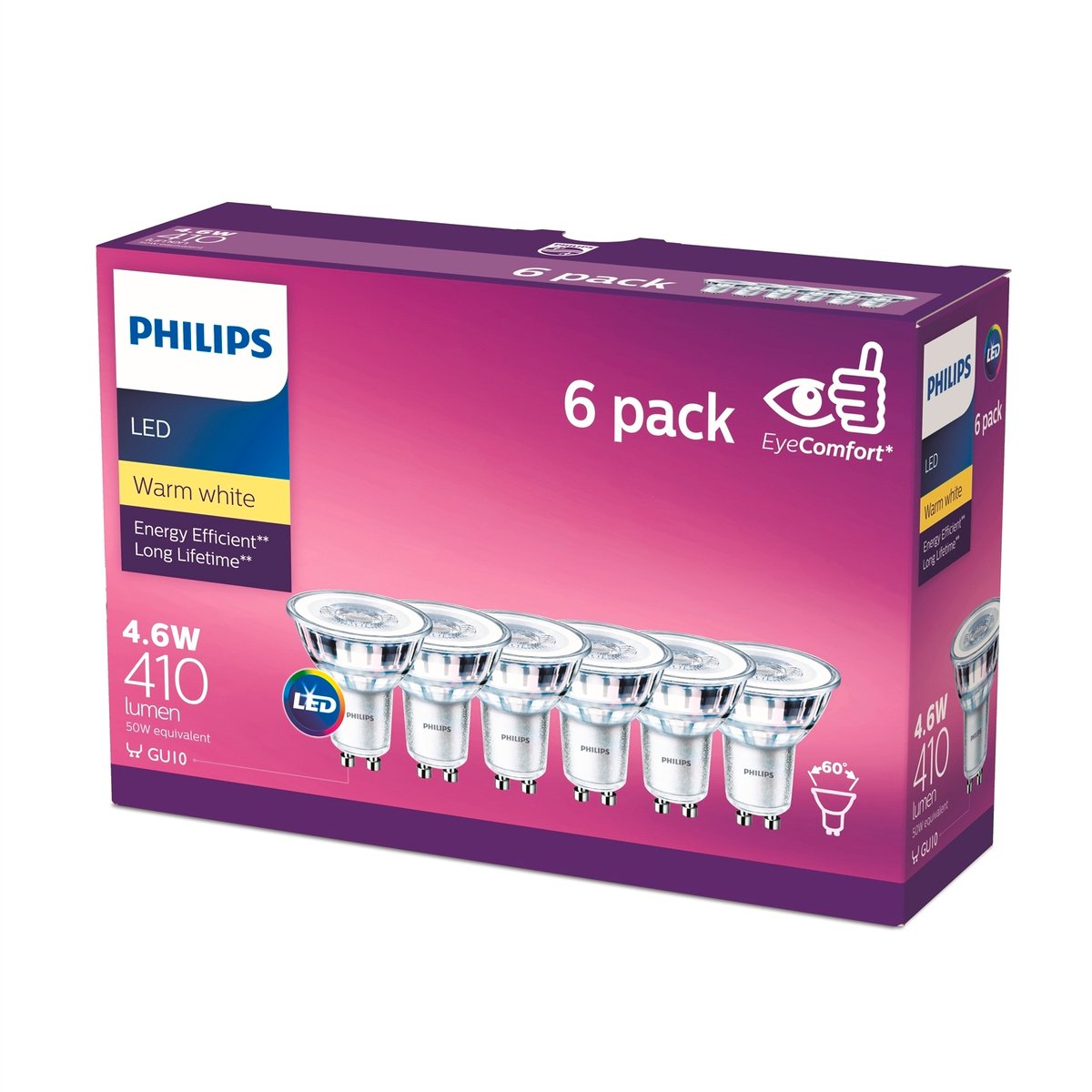 Philips LED Warm White Classic GU10 4.6W 410lm Globe 6 Pack 929001287698