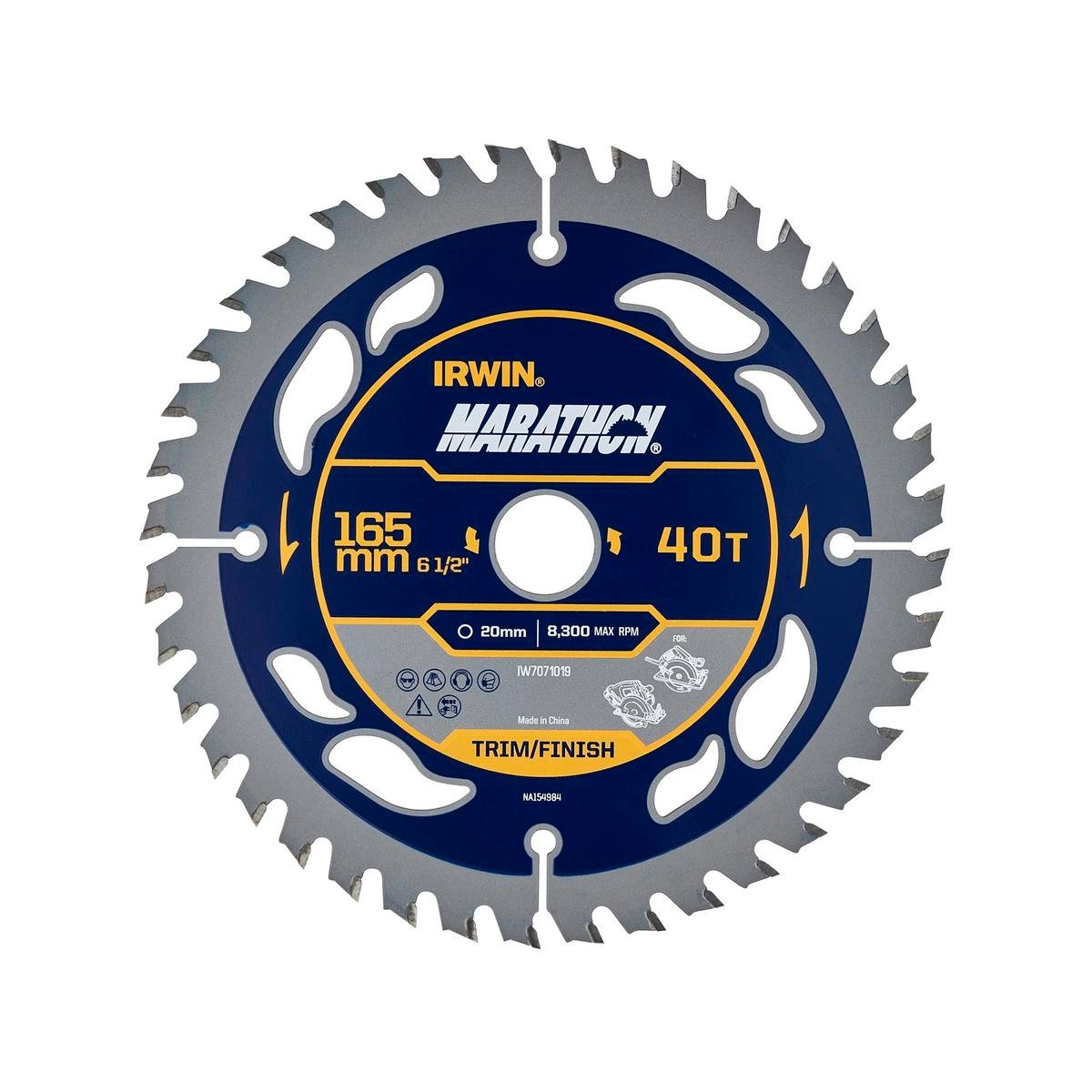 Irwin 165mm 40T Marathon Circular Saw Blade, 16mm Bush, 20mm Arbor for Trim & Finish