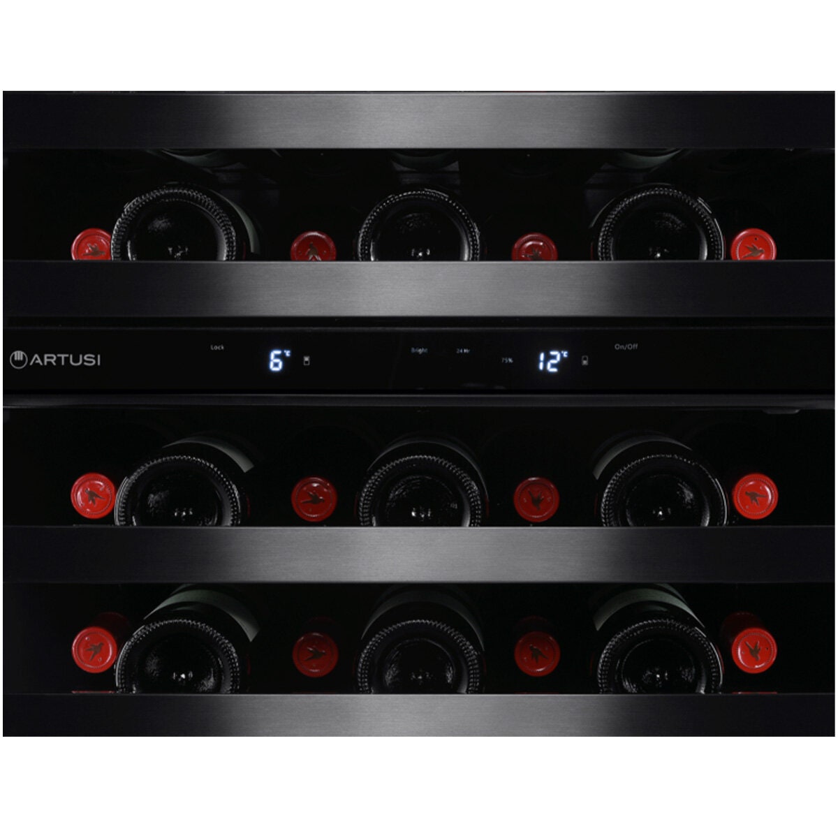 Artusi 37 bottle dual zone wine cellar - matte black, UV protected glass door, reversible hinge - AWC37BV