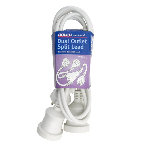 Arlec 1.8m Dual Outlet Split Extension Lead, Ordinary Duty 240V White