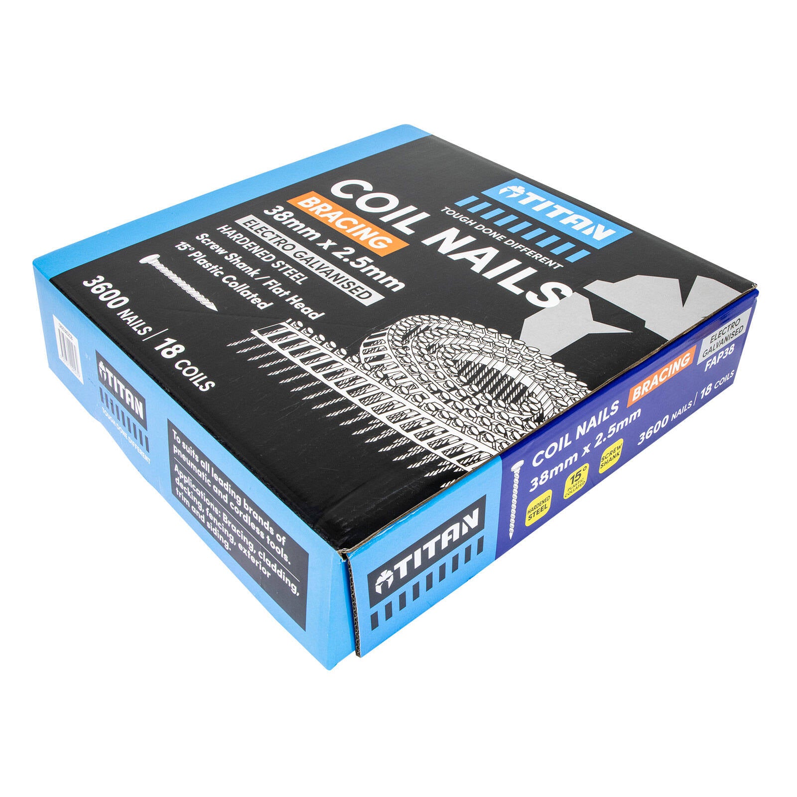 Titan 38 x 2.5mm Hardened Electro Galvanised Collated Coil Nail Screw - 3600 Pack