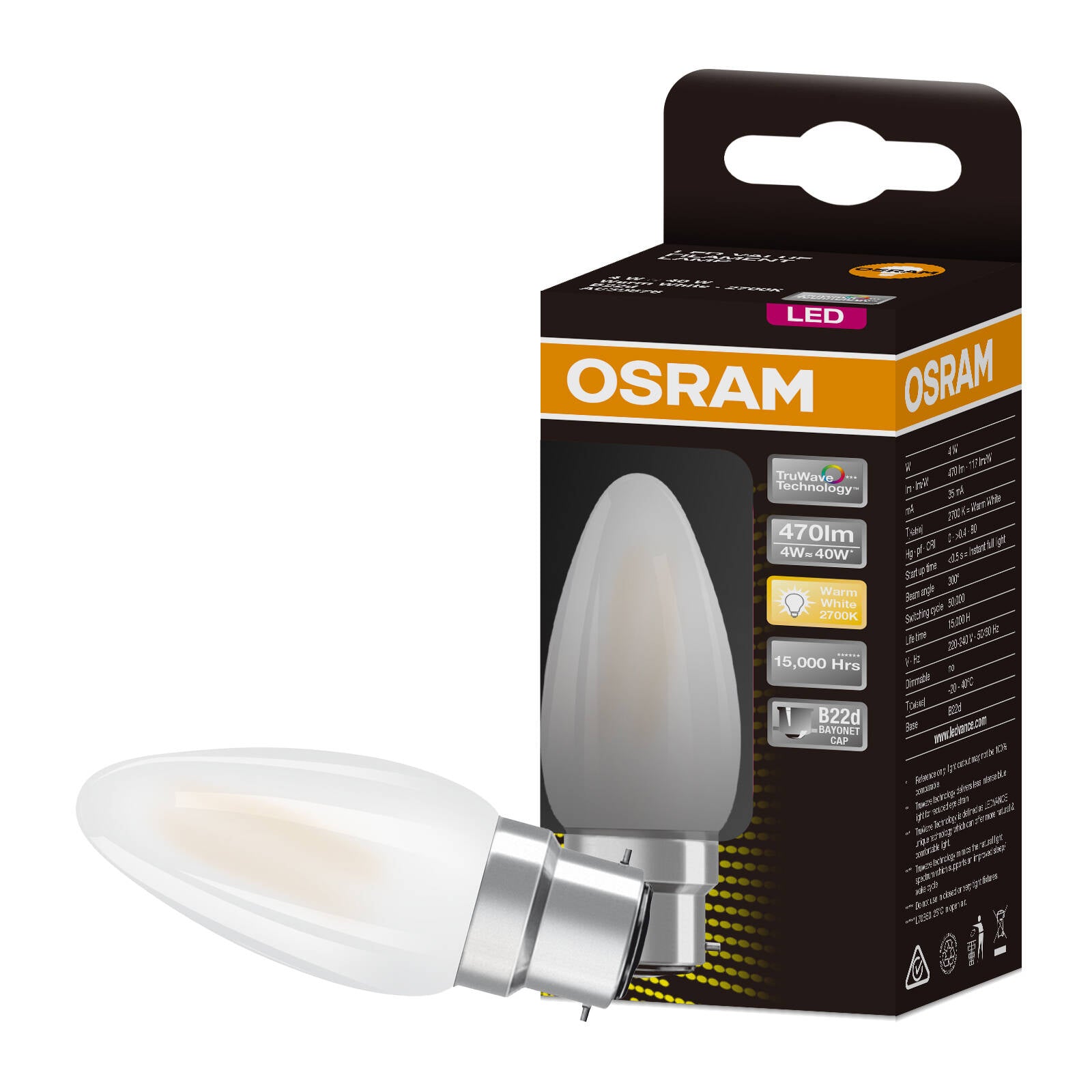 Osram 4W 470lm Frosted Warm White Filament LED B22 Candle Globe 3000K