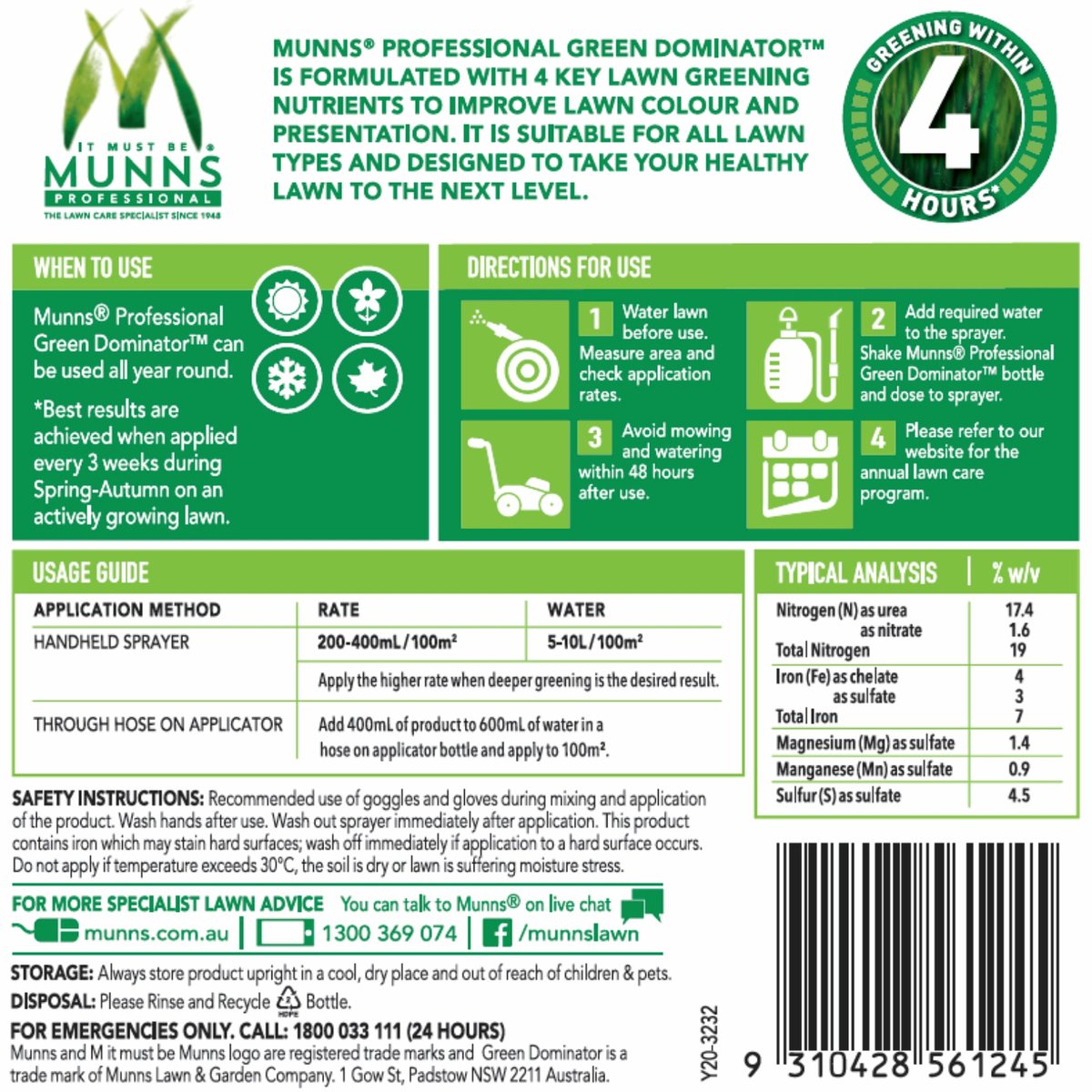 Munns Professional 1L Green Dominator Liquid Lawn Fertiliser Concentrate