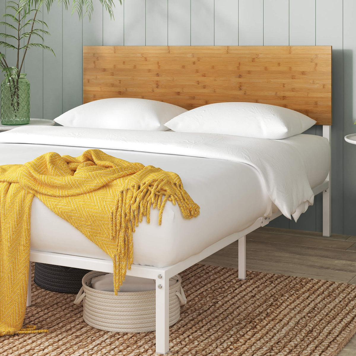 Zinus Figari queen metal and bamboo bed frame - white, adjustable headboard, 250kg capacity - AU-FBOBH2-39Q