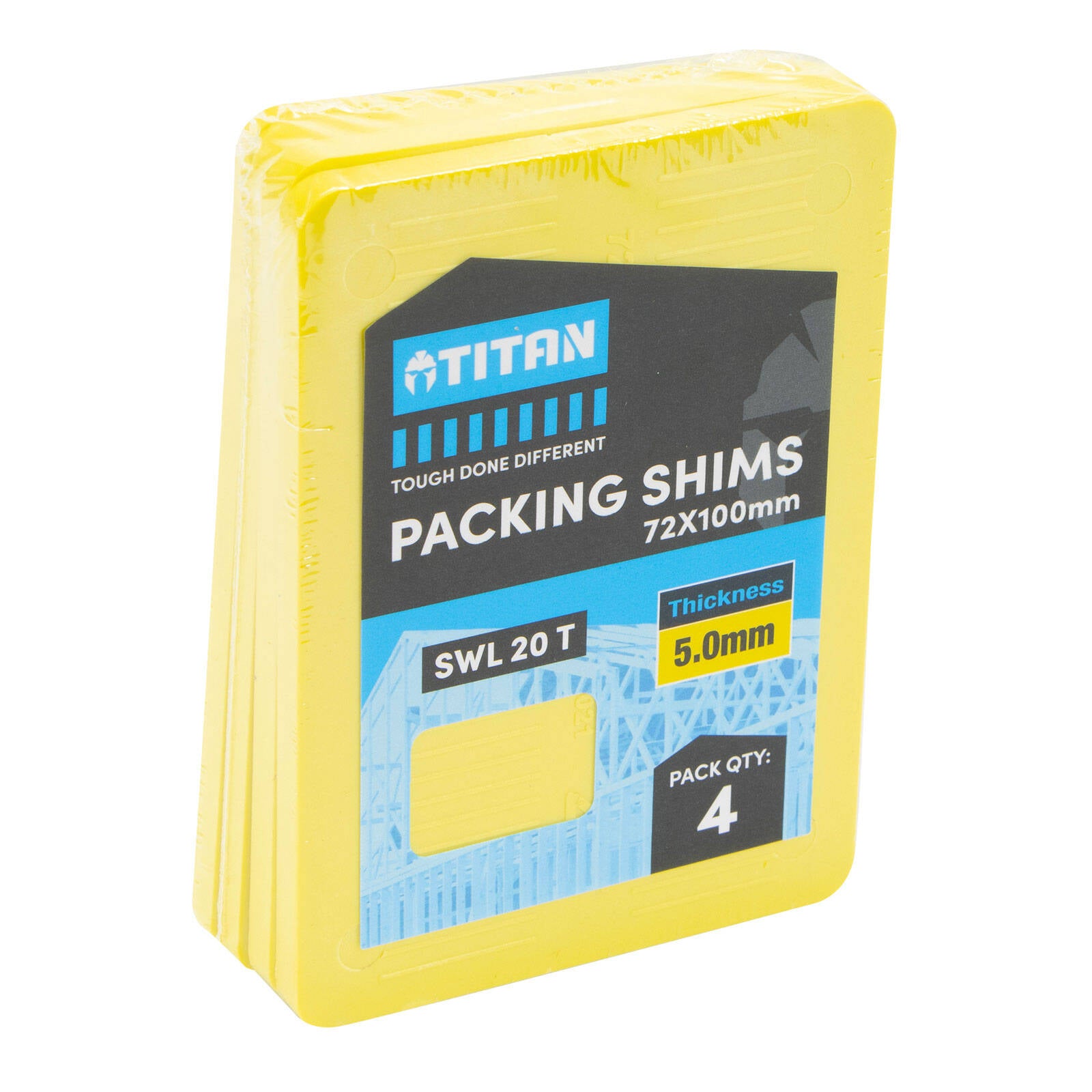 Titan Shim Packing 5 x 72 x 100mm, Yellow, No-Slip Ribbed Plastic, 4 Piece