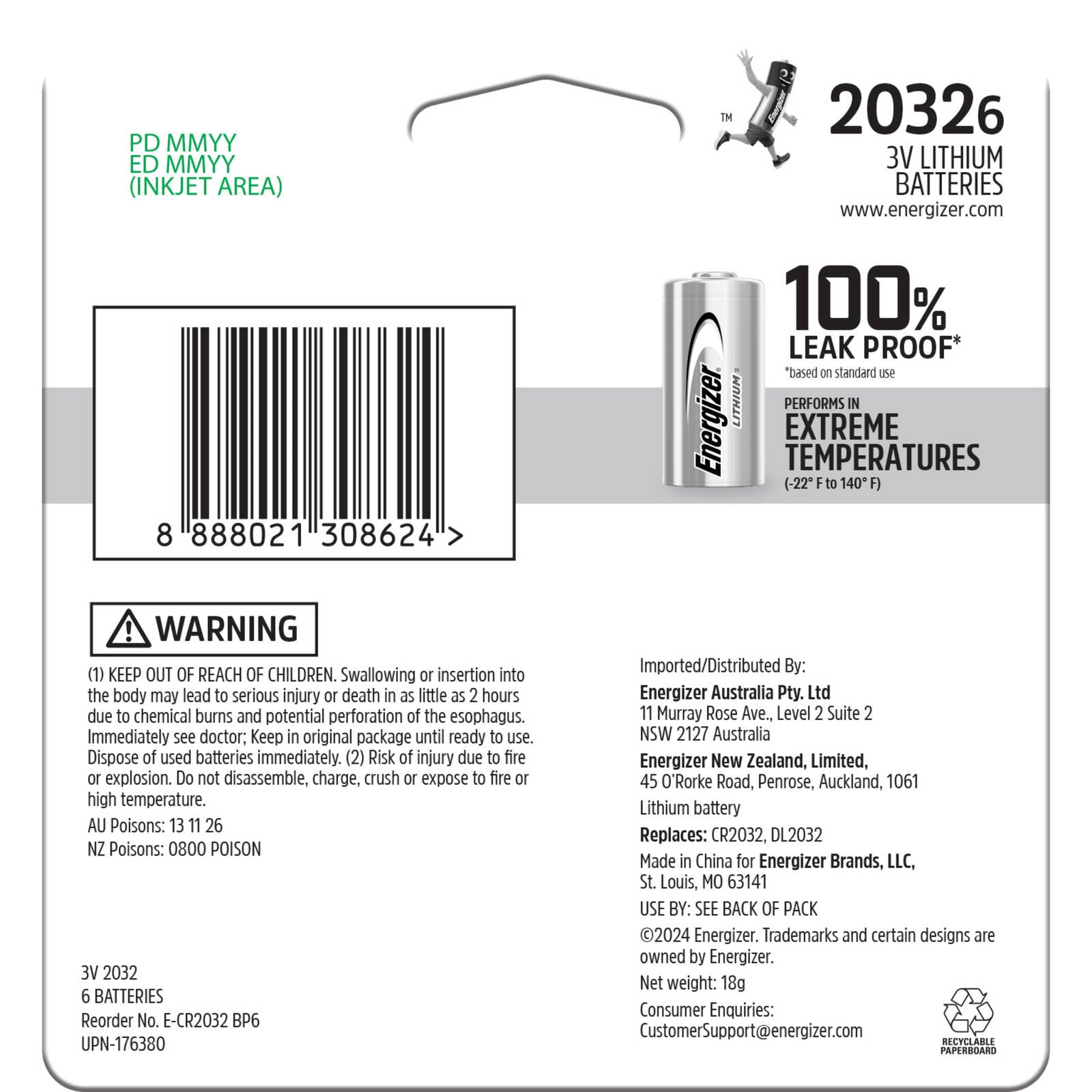 Energizer CR2032 3V Lithium Coin Battery 6 Pack