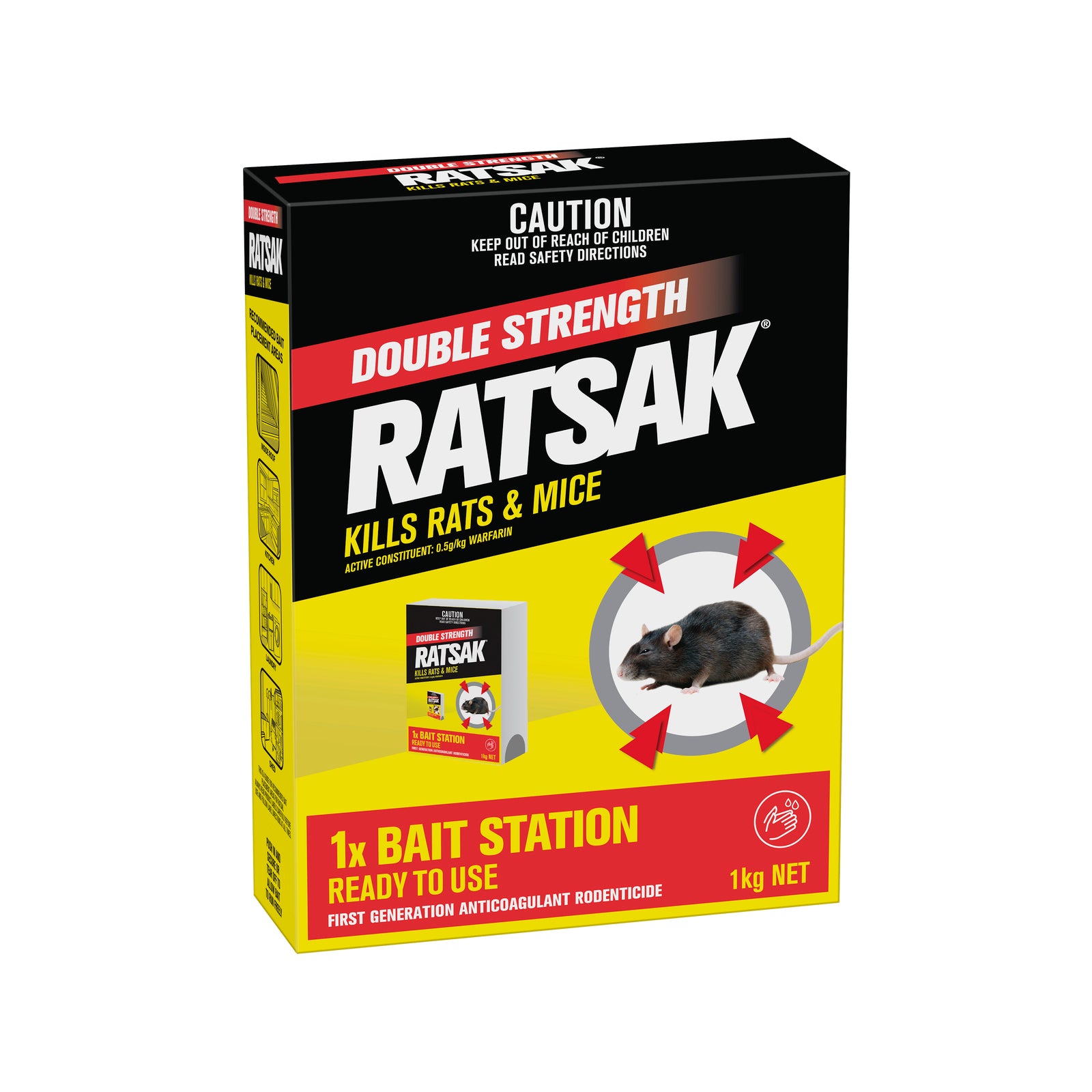 Ratsak Double Strength Bait Station 1kg - Indoor Rat & Mouse Pellets