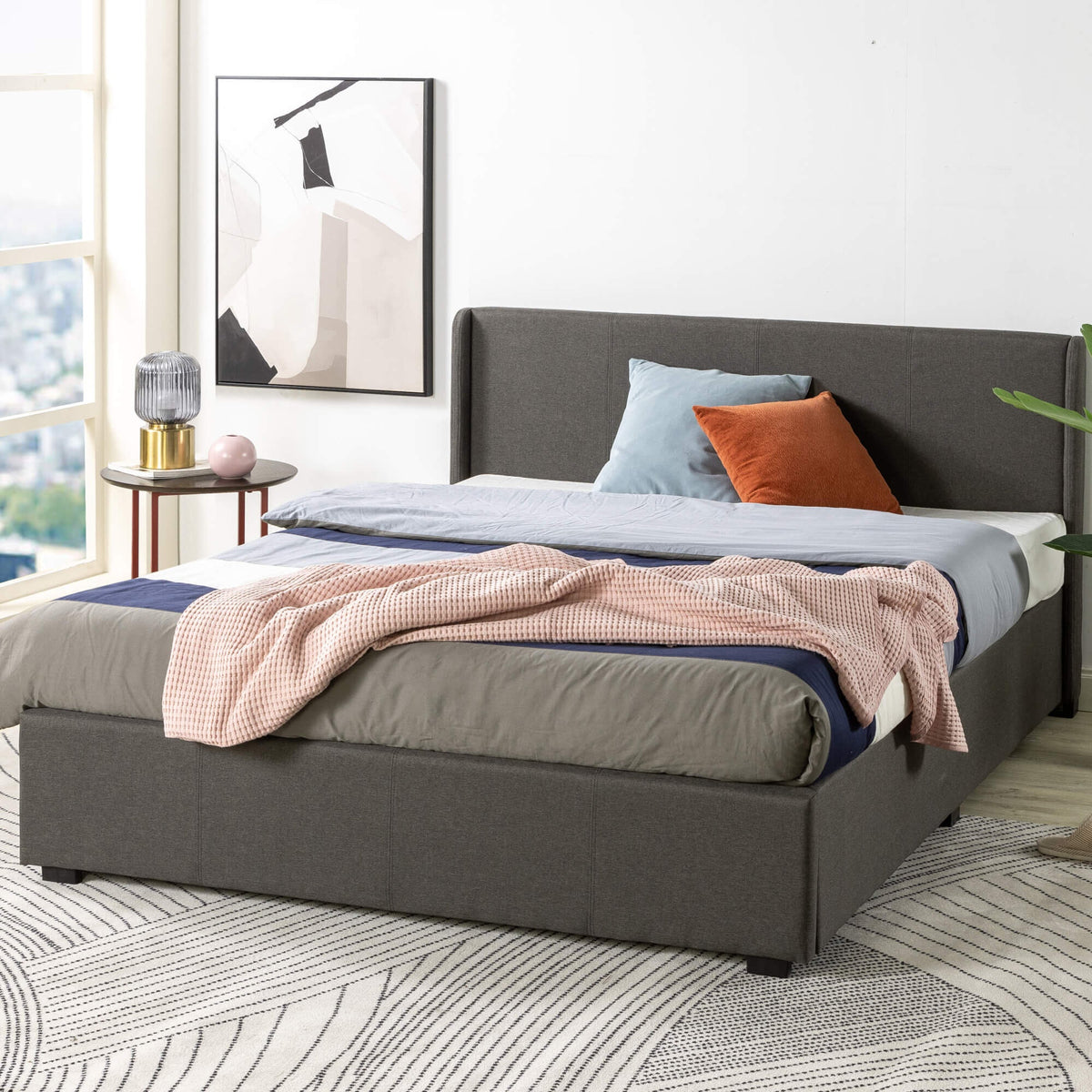 Zinus Maddon queen gas lift storage bed frame - dark grey upholstered, 317kg capacity - AU-FPPST2-12Q