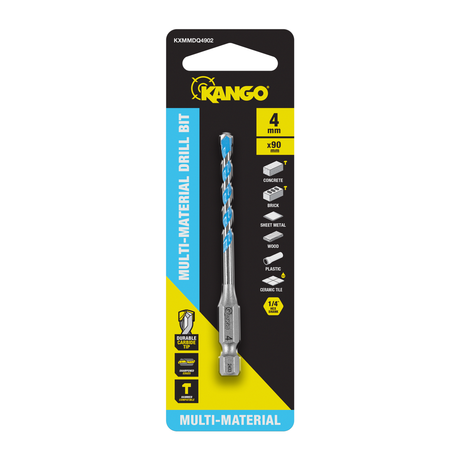 Kango 4 x 90mm Multi-Material Drill Bit - 1/4" Hex Carbide Tip for Concrete, Tile, Timber & Metal