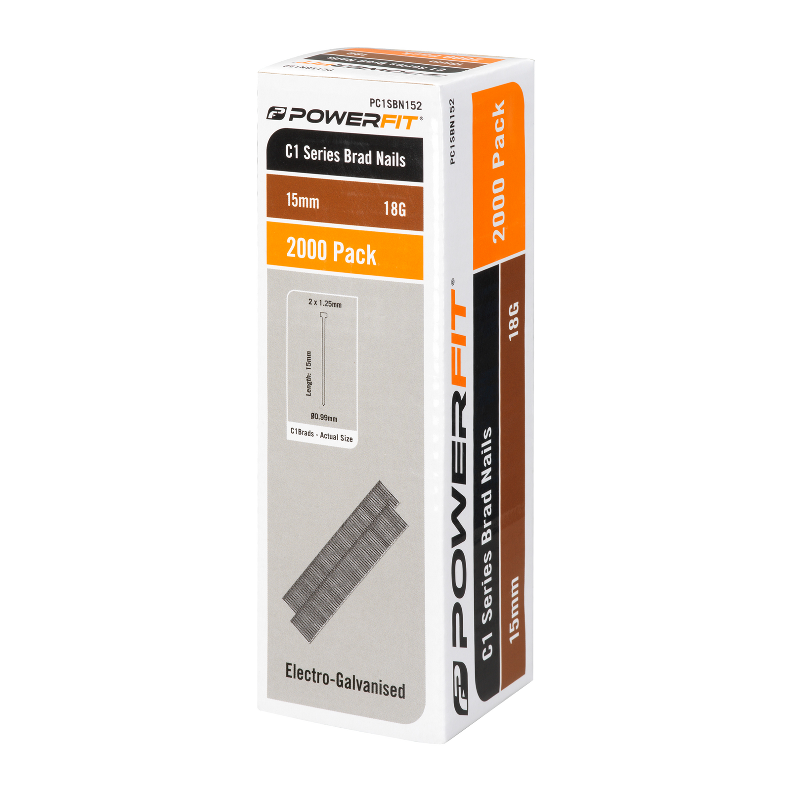 PowerFit 15mm C1 Series Brad Nails 18 Gauge Electro-Galvanised - 2000 Pack