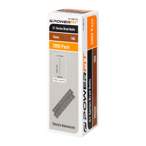 PowerFit 15mm C1 Series Brad Nails 18 Gauge Electro-Galvanised - 2000 Pack