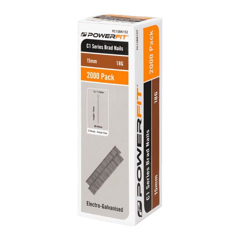 PowerFit 15mm C1 Series Brad Nails 18 Gauge Electro-Galvanised - 2000 Pack
