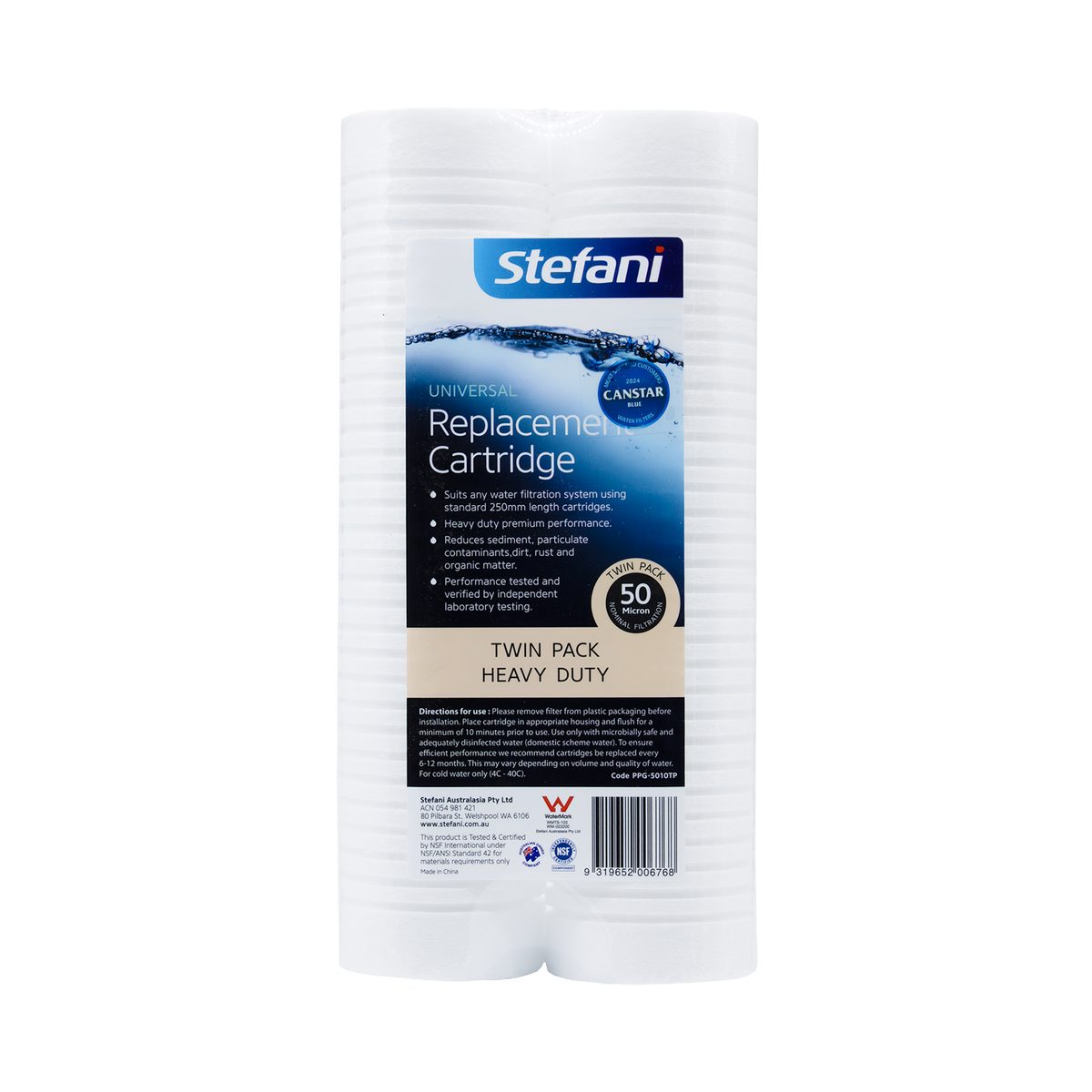 Stefani 50 Micron Heavy Duty Universal Replacement Filter, 250mm, Polypropylene, 2 Pack