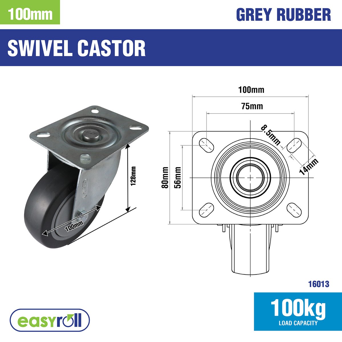 Easyroll Castor - 100mm - Grey Rubber - Heavy Duty Swivel - SuperSaverAU - view 2