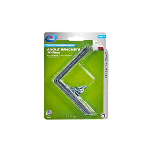 Zenith 100mm Zinc Plated Steel Angle Brackets, 4 Pack with Screws for Shelves and Cabinets
