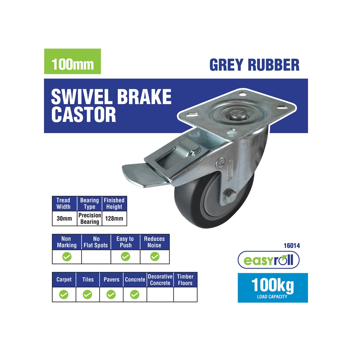 Easyroll 100mm Grey Rubber Heavy Duty Swivel Brake Castor 100kg