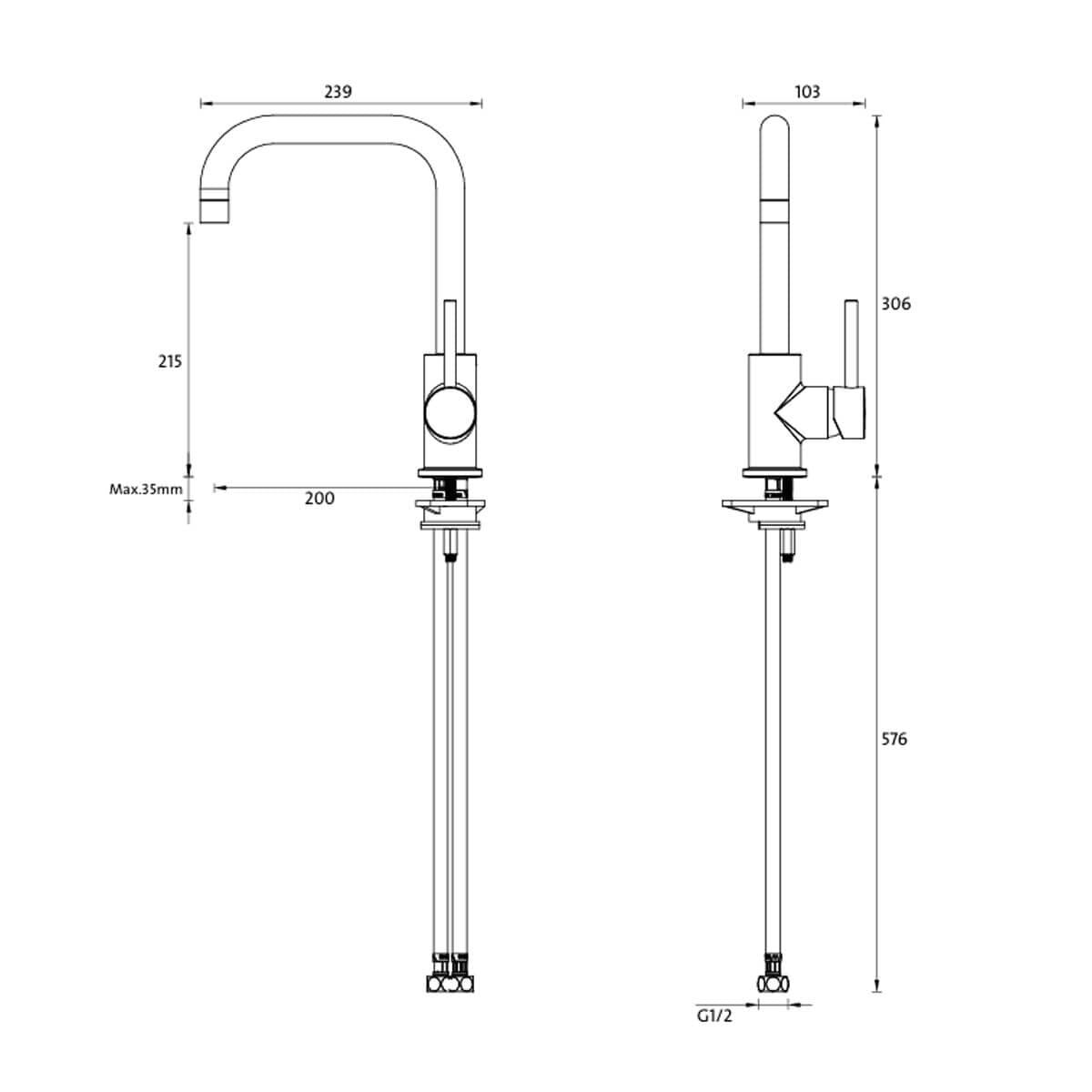 Abey Lucia lead-free square sidelever mixer tap - brushed brass, 360 degree swivel - 3K3-BB-LF