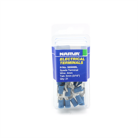 Narva Blue Flared Vinyl Insulated Spade Terminal 4mm / 5mm (3/16") - 21 Pack