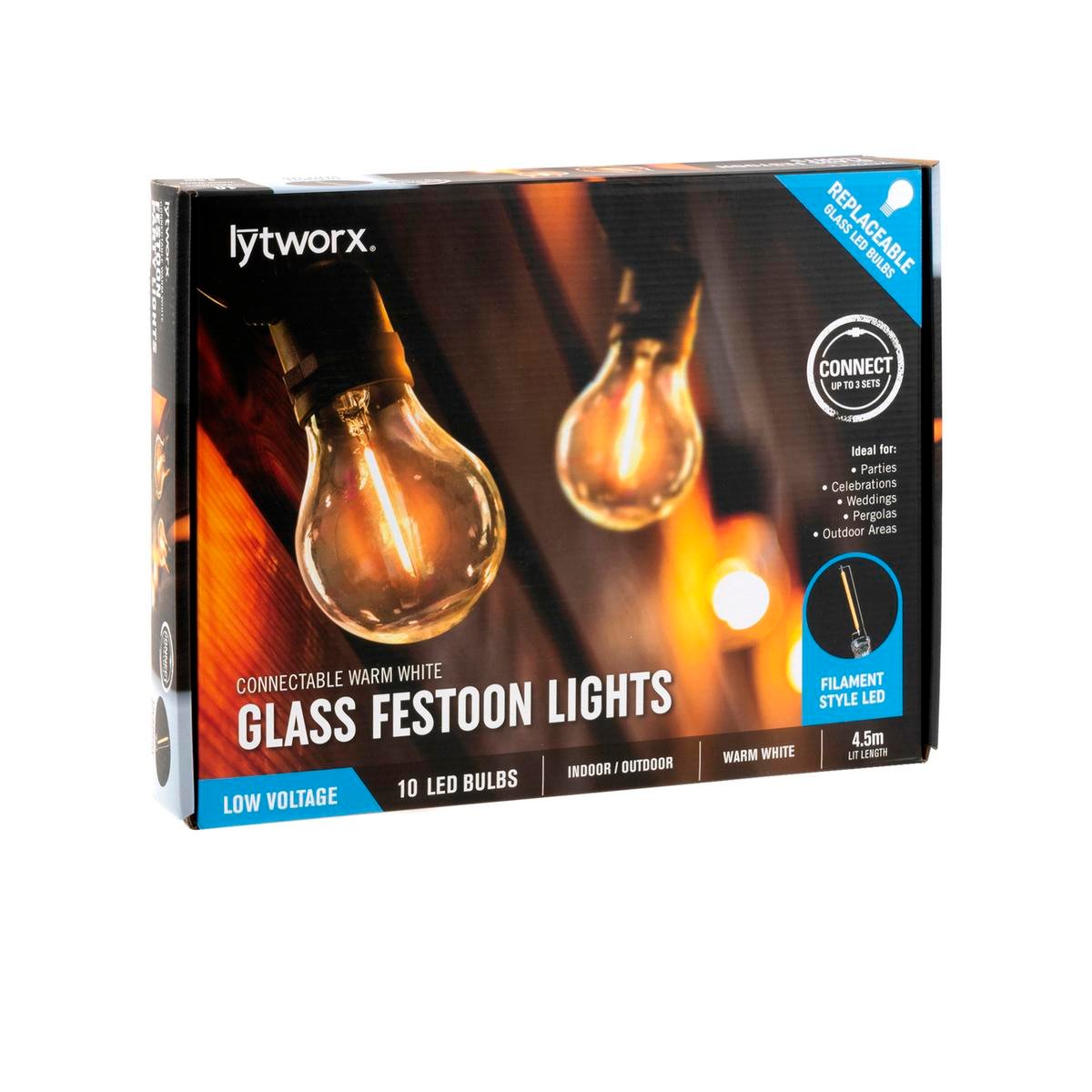 Lytworx 10 Warm White LED Connectable Party Lights 4.5m Glass Bulbs - SuperSaverAU - view 1