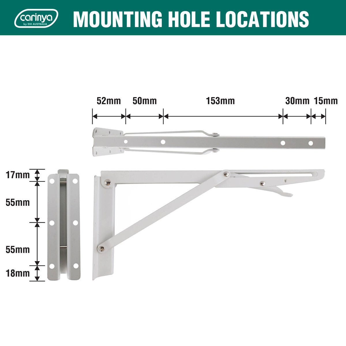 Carinya 315 x 145mm White Powder Coated Folding Spring Loaded Wall Bracket 50kg