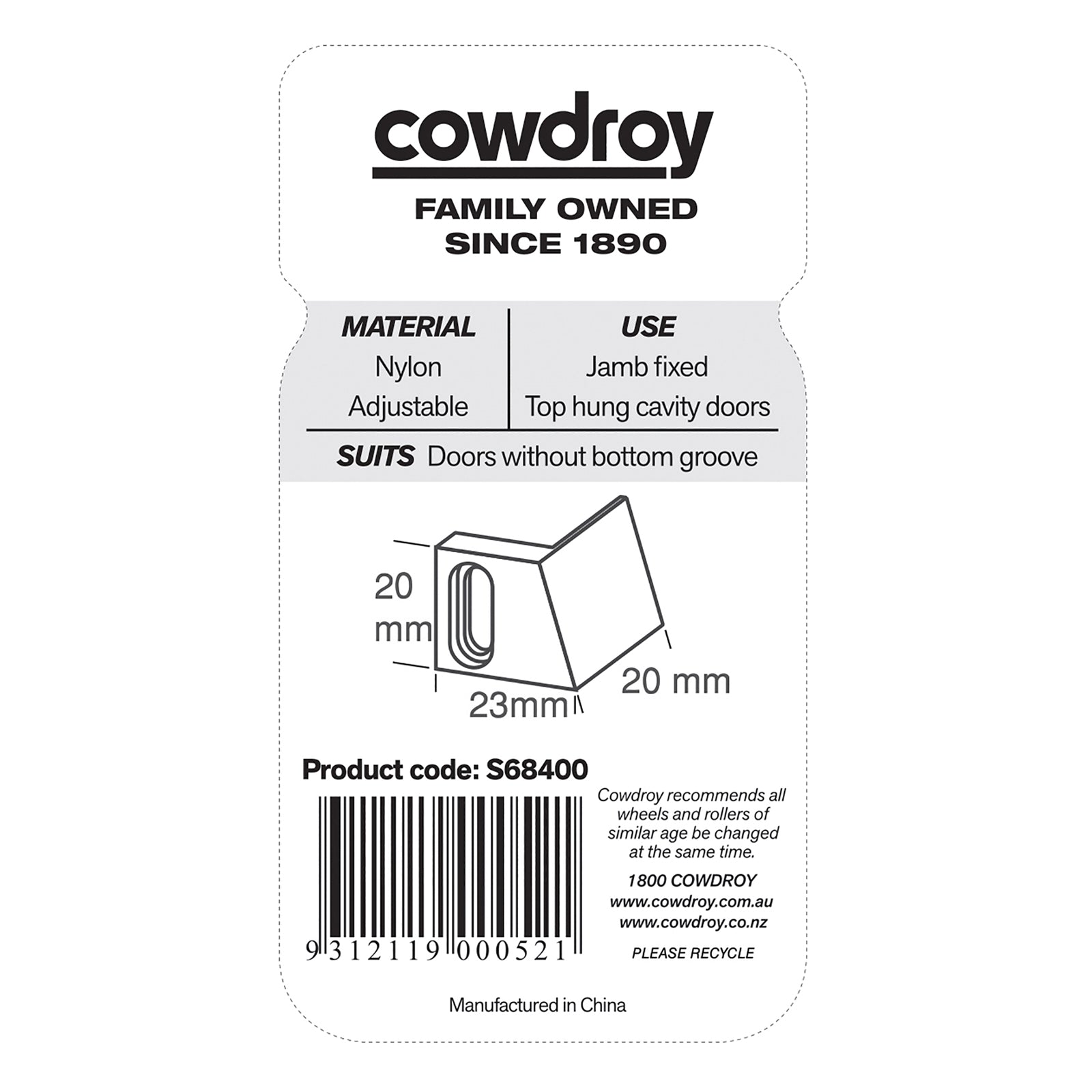 Cowdroy Sliding Door Cavity Guide - 145 x 55 x 20mm Nylon Track Accessory