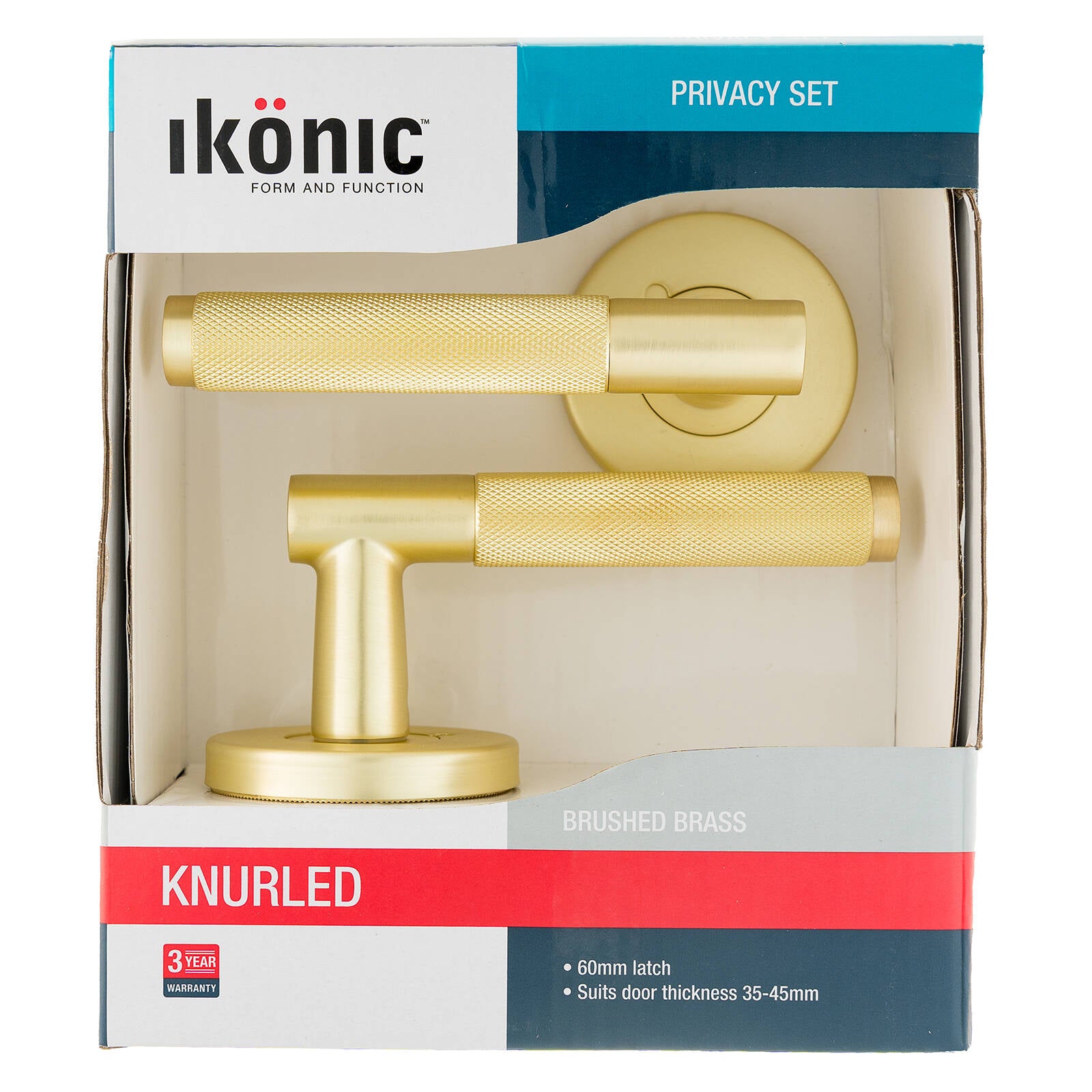 Ikonic Knurled Privacy Lever Set Brushed Brass, Zinc Construction, Snib Lock for Bathroom & Bedroom Doors