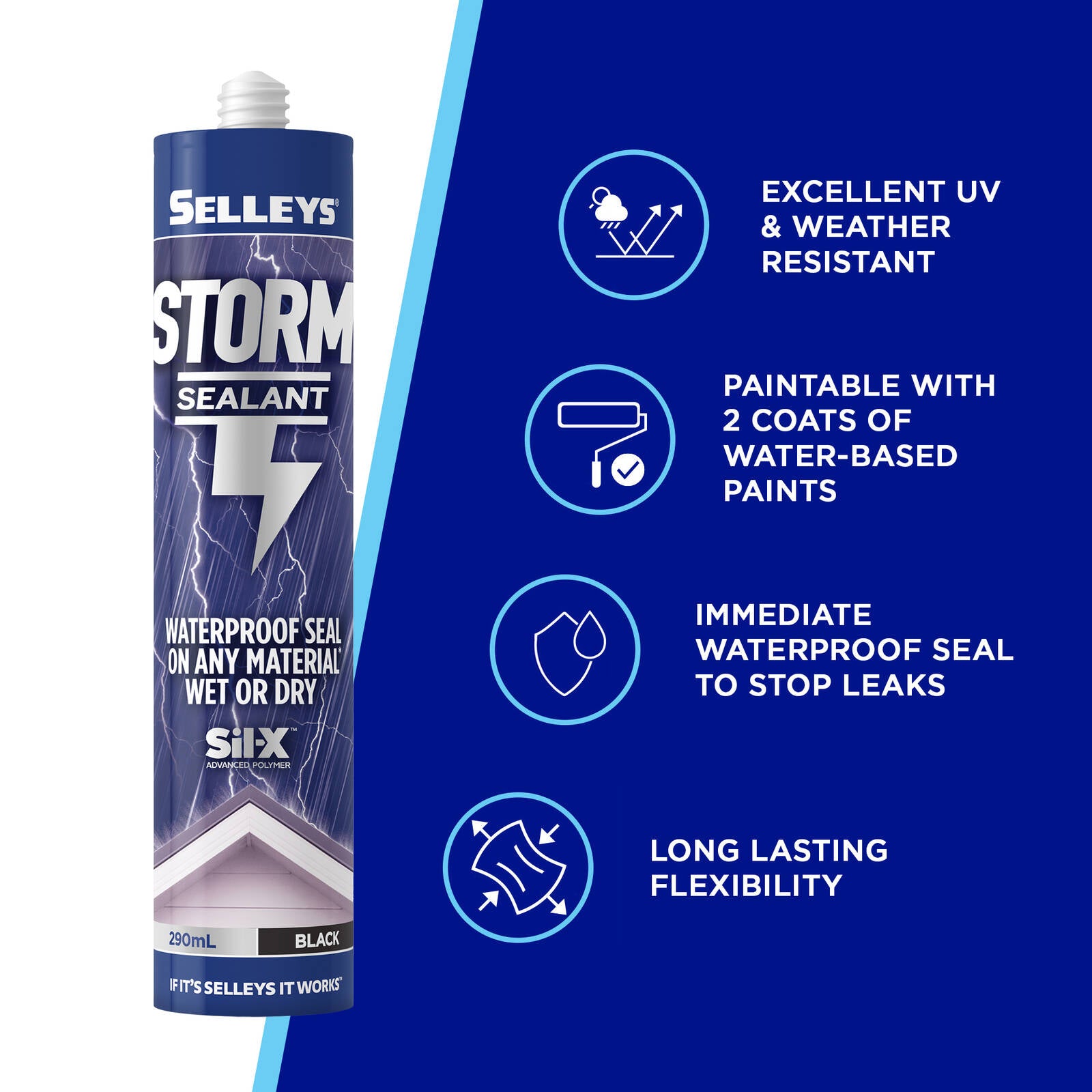 Selleys Storm Sealant Black 290mL - Paintable, UV Resistant Advanced Polymer Waterproof Seal