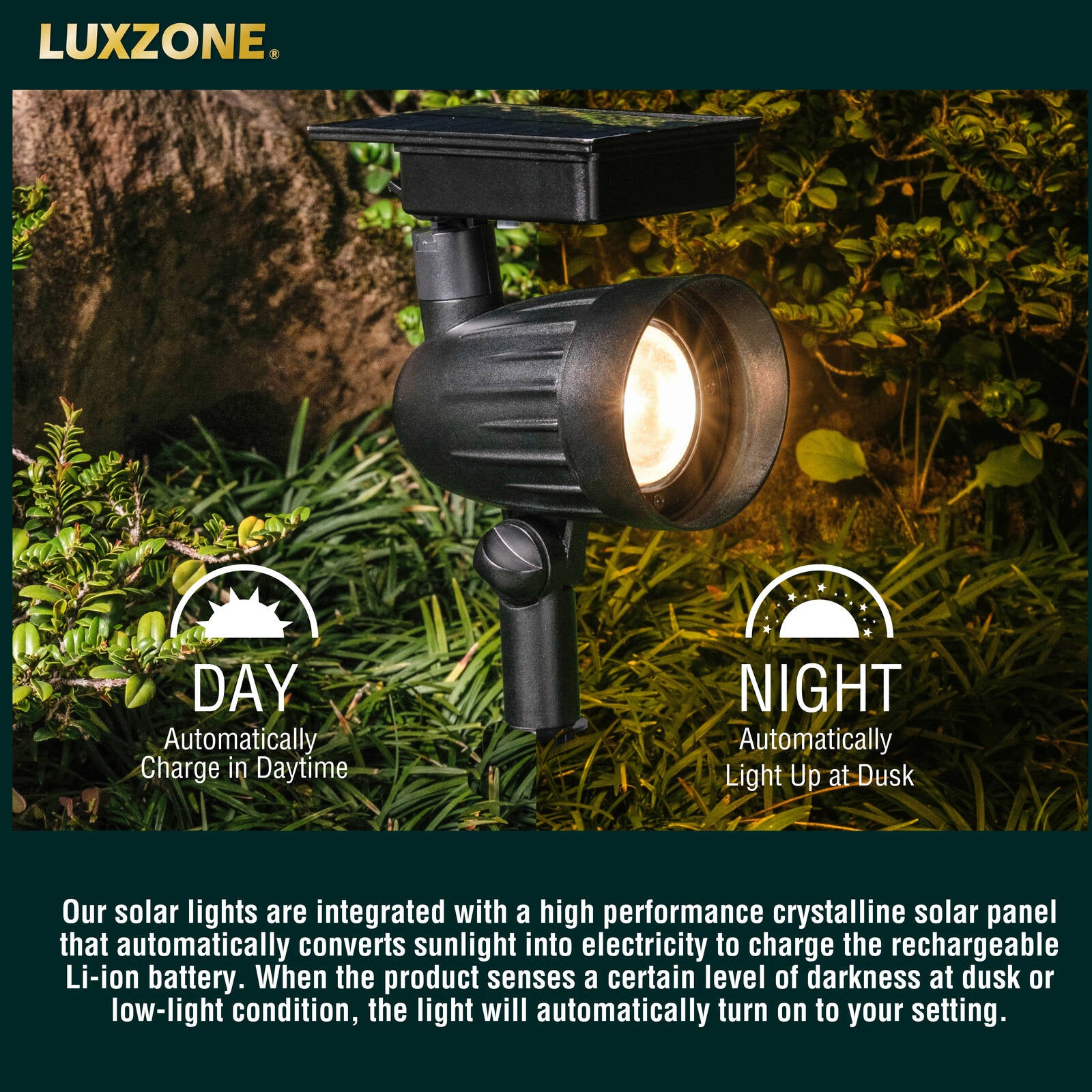 Luxzone 35cm 60lm Aluminium LED Solar Pathway Light, Adjustable Head, Weather Resistant