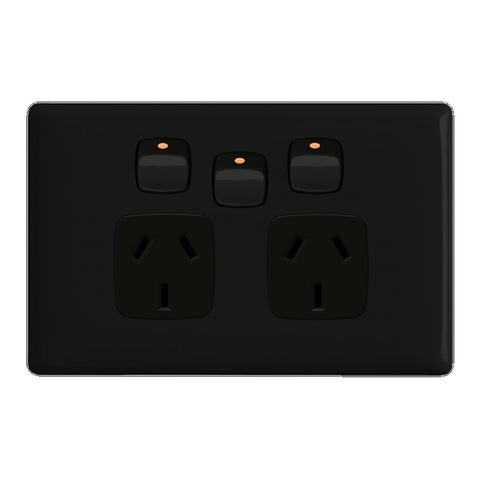 HPM LINEA Horizontal Double Powerpoint with Extra Switch, Black 10A 240V