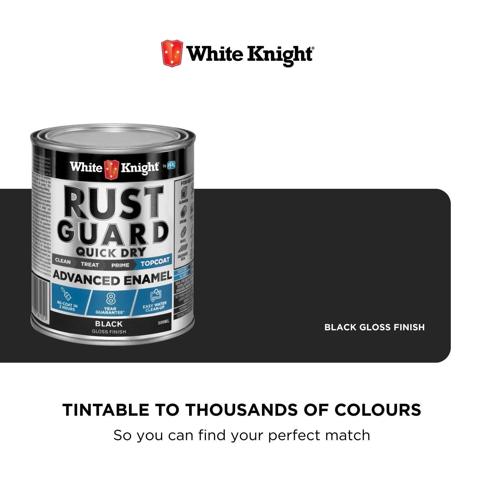 White Knight Rust Guard 500ml Black Gloss Quick Dry Advanced Enamel Paint
