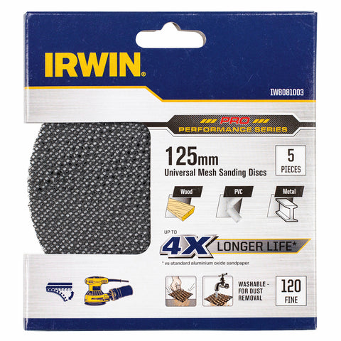 Irwin 125mm 120 Grit Orbital Sanding Disc Mesh Velcro 5 Pack