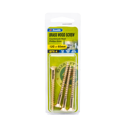 Zenith 12G x 60mm Solid Brass Countersunk Head Wood Screws, Needle Point, 4 Pack
