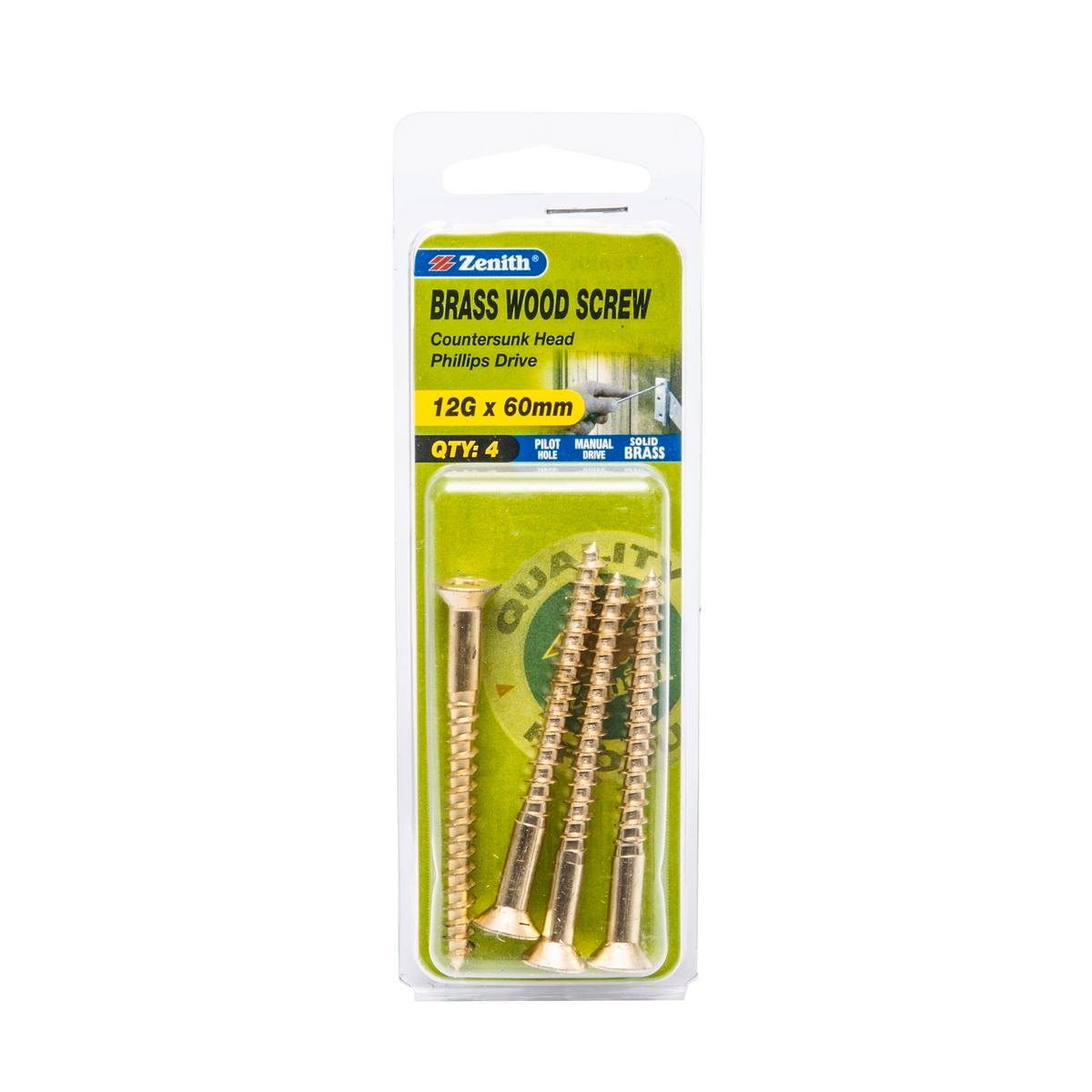 Zenith 12G x 60mm Solid Brass Countersunk Head Wood Screws, Needle Point, 4 Pack