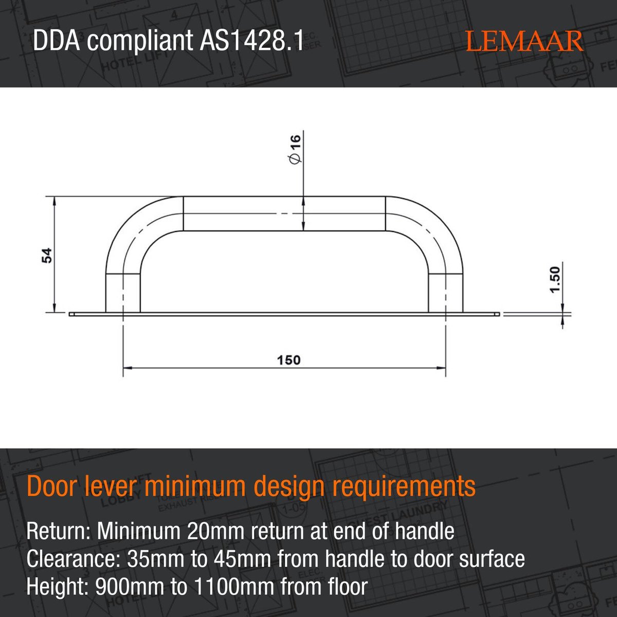Lemaar D Pull Handle on Plate 200 x 50mm DDA Satin 304 Stainless Steel, Indoor Outdoor