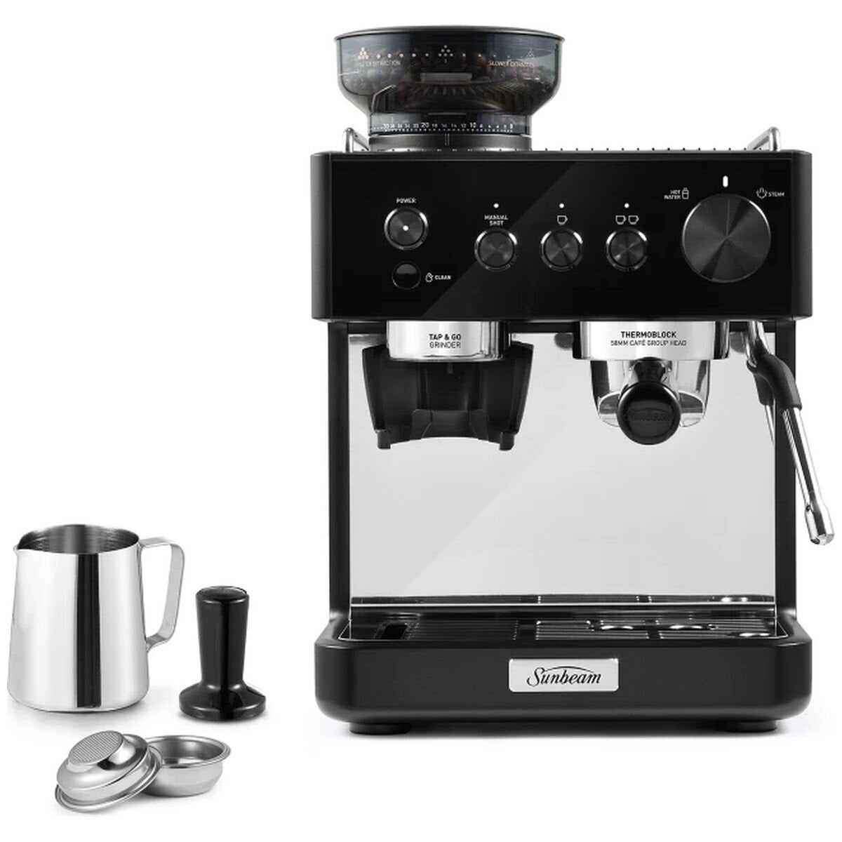 Sunbeam Origins Classic espresso machine 1.5L - Black, built-in burr grinder, auto dosing - EMM5500BK