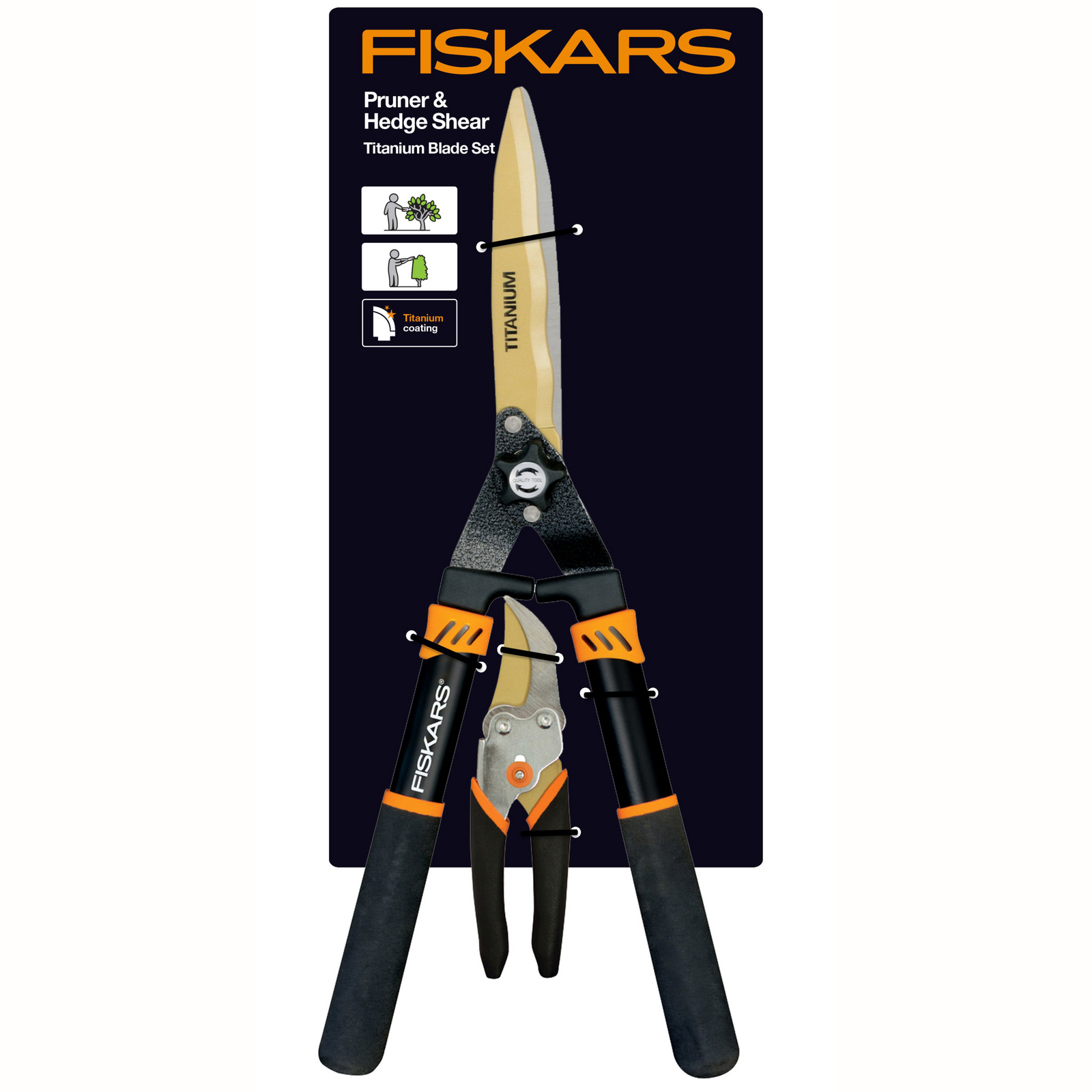 Fiskars Titanium Hedge Shear and Pruner Set 2 Piece, Titanium-Coated Wavy Blade, 16mm Cut
