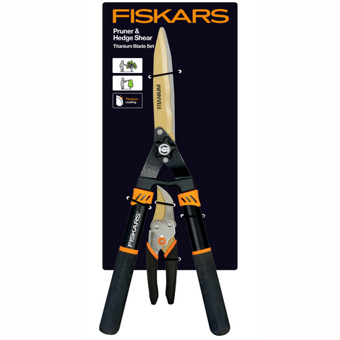 Fiskars Titanium Hedge Shear and Pruner Set 2 Piece, Titanium-Coated Wavy Blade, 16mm Cut