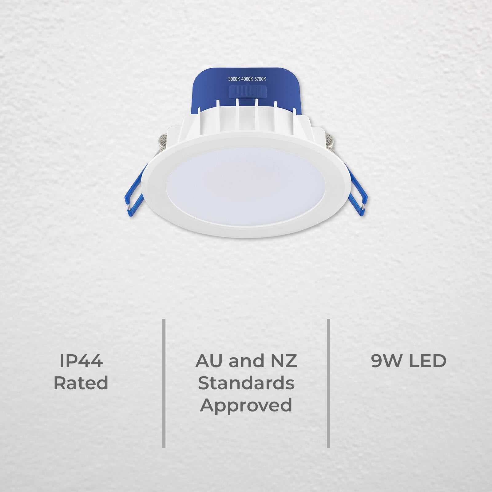 DETA 9W IP44 Tri-Colour Dimmable LED Downlight 240V Hardwired White Blue DET612