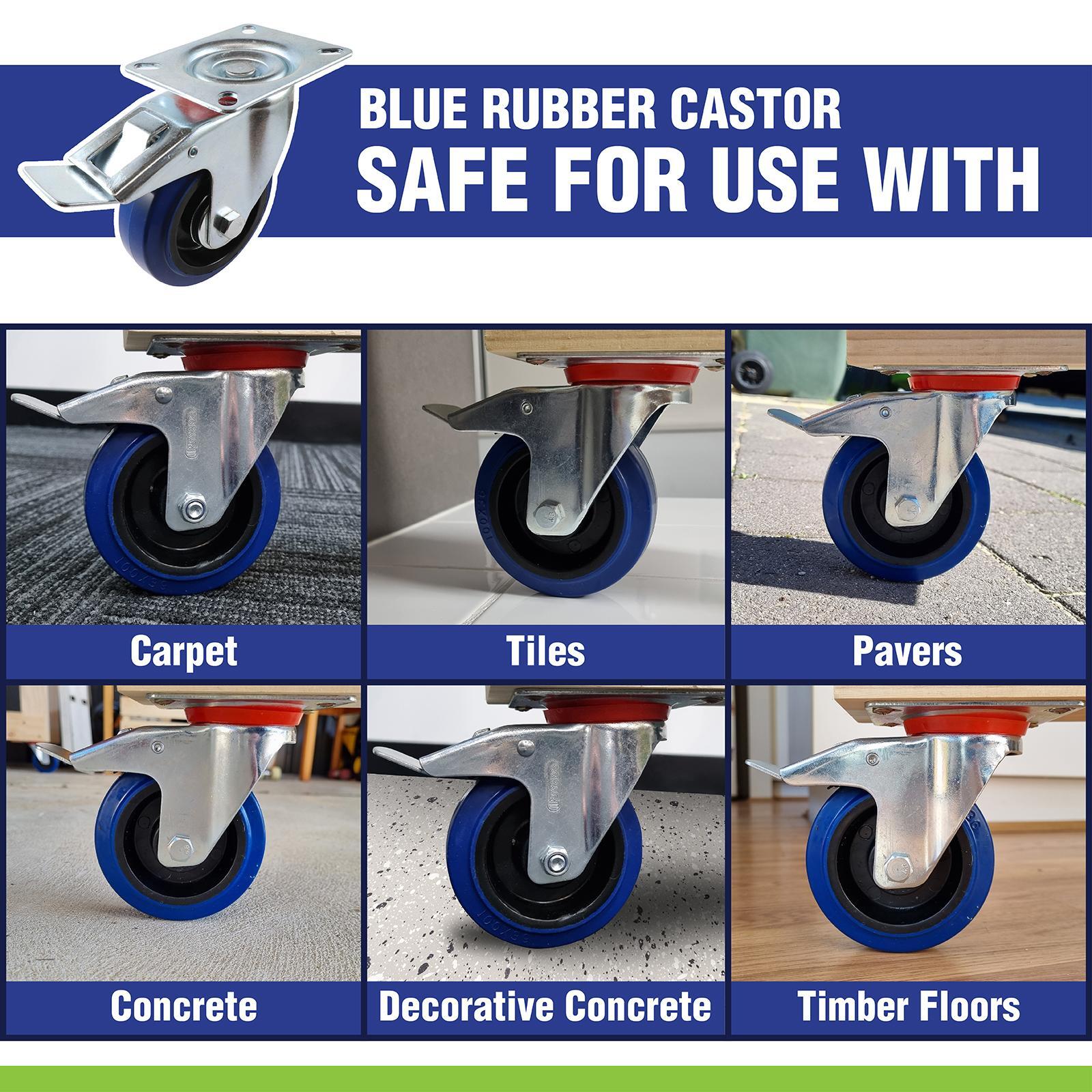 Easyroll 100mm Blue Elastic Rubber Fixed Plate Castor