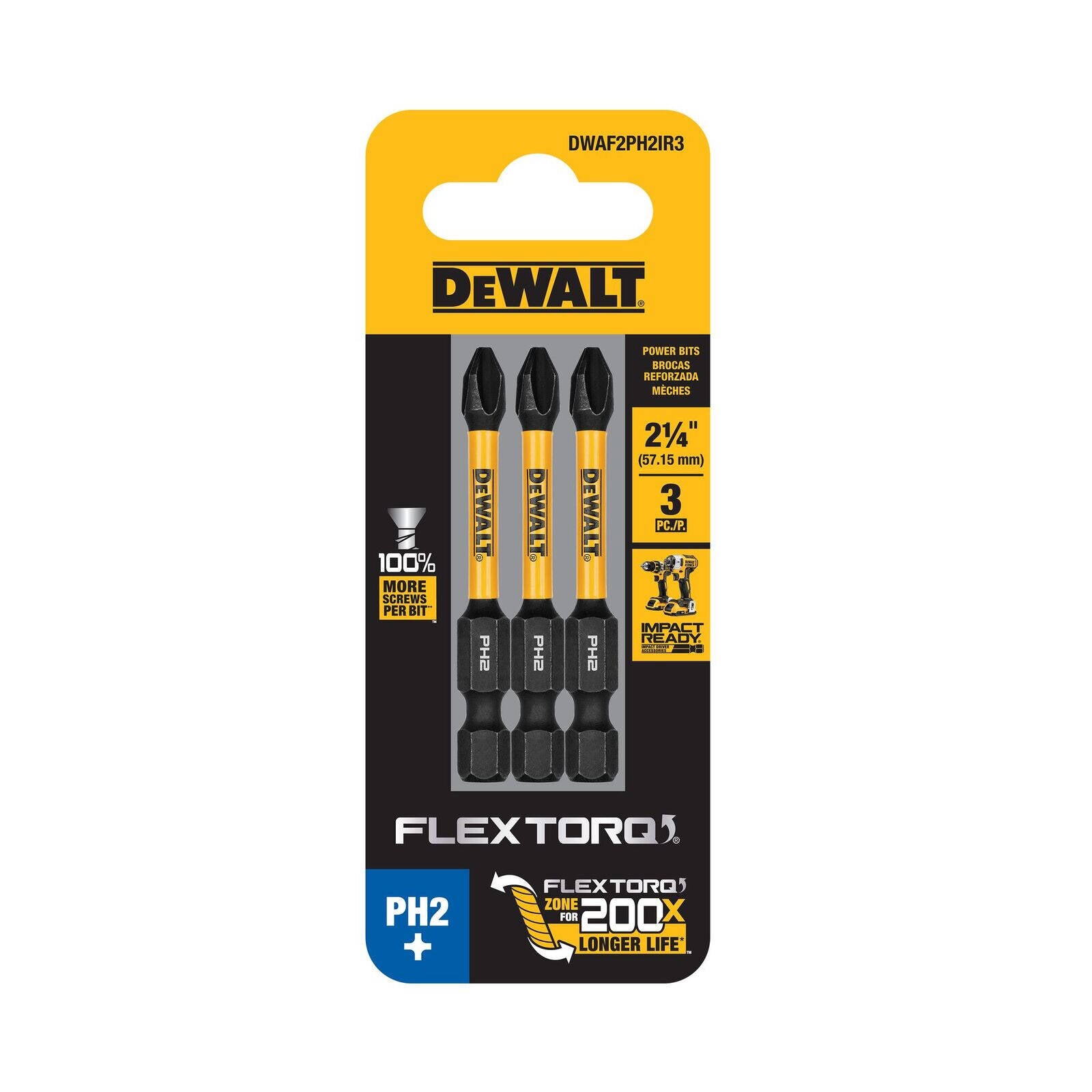 DeWALT FLEXTORQ 57mm PH2 Impact Screwdriver Bits 3 Pack