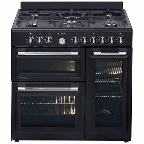 Artusi 90cm dual fuel freestanding cooker - Matte Black, 3 cavities, separate grill, wok burner - AFGR935B
