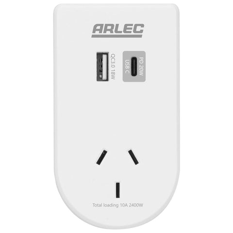Arlec Power Adaptor with Integrated Phone Mount - Dual USB PD20W - Matt White - 55mm x 100mm x 70mm - SuperSaverAU - view 1