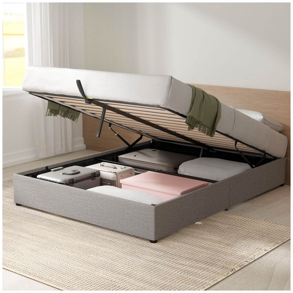 Zinus Double Gas Lift Bed Base - Light Grey Upholstered Finish, Hidden Under-Bed Storage - AU-FPPPL1ZC-11D