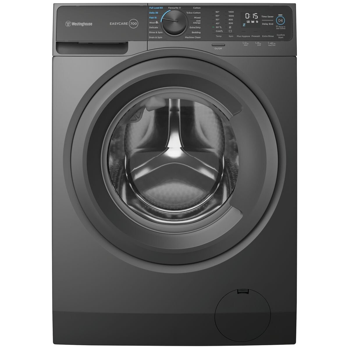 Westinghouse EasyCare 700 10kg Front Load Washing Machine - Grey, 5 Star Energy, Plus Hygiene - WWF1044M7SAS